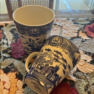 Spode Blue and White Gothic Castle. Scenic Mug Pair.